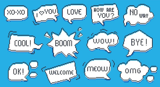 Mensaje de burbujas de píxeles Burbuja de chat cómico retro con palabra de diálogo jugador geek mensaje de marco de nube de cómics para diseño web de juegos de cómics Mensajes de burbuja de píxels vectoriales conjunto aislado