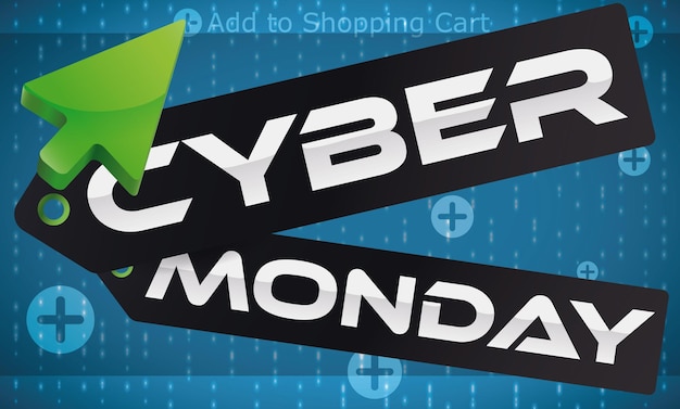 Mensaje de Cyber Monday en etiquetas oscuras con puntero verde agregando compras con ofertas al carrito de compras