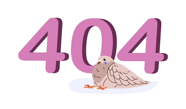 Mensaje de error 404 diseño de página web para sitio web no encontrado Falla de conexión problema información del sitio Acceso fallido pájaro gracioso lindo Ilustración vectorial gráfica plana aislada en fondo blanco