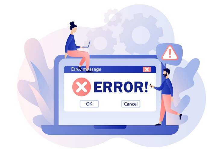 Vector mensaje de error en la pantalla del portátil personas diminutas examinando la ventana de advertencia de error del sistema operativo
