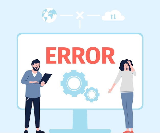 Mensaje de error de software Confusión personas frustración cerca de pc 404 error avería de pantalla o falla operativa Vector de problemas de Internet concepto de mensaje de error Ilustración de software