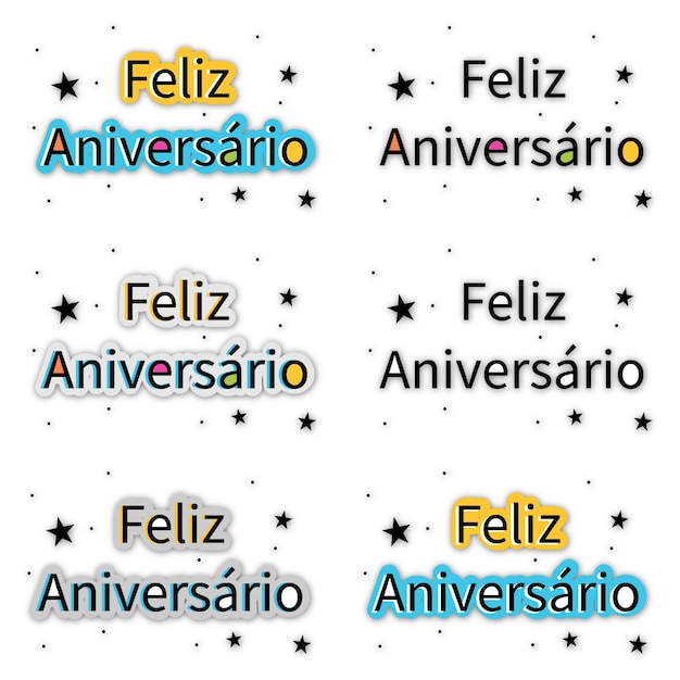 Vector mensaje de feliz cumpleaños en portugués con fondo de colores y estrellas