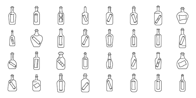 Mensaje en los iconos de la botella conjunto de contorno vector de corcho de papel