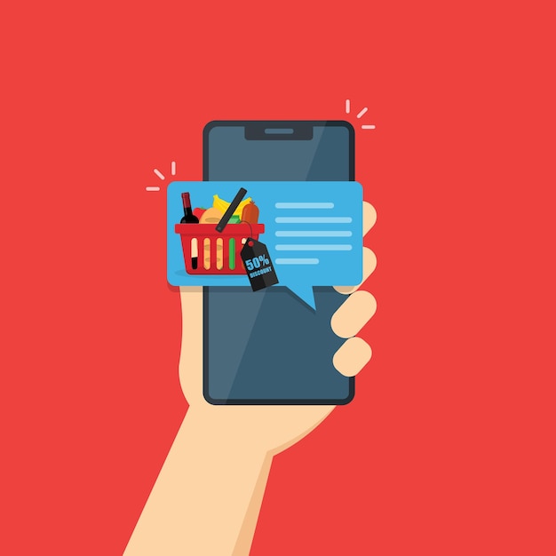 Un mensaje o notificación para los clientes habituales en la pantalla del teléfono móvil sobre descuentos en los productos de la canasta del supermercado con un conjunto de productos