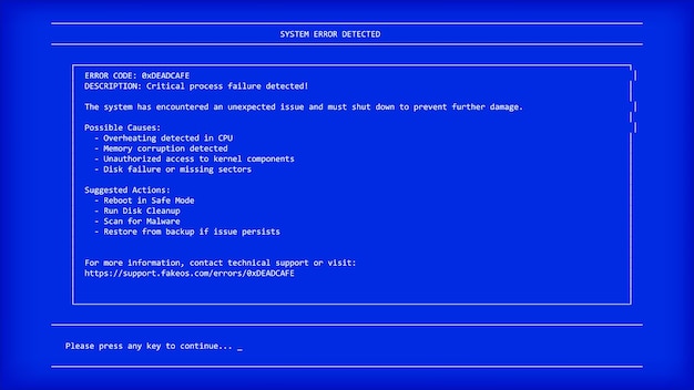 Mensaje de pantalla de error de la computadora pantalla azul PC Informe de fallo crítico del sistema operativo