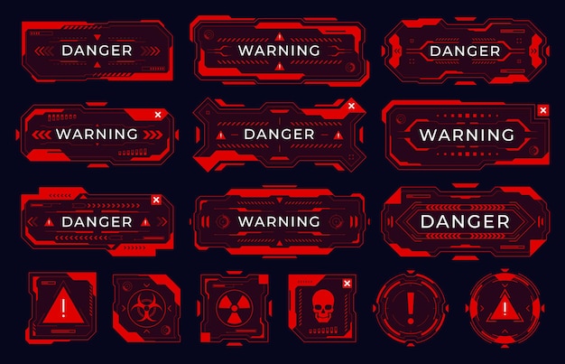 Mensaje de peligro futurista moderno plantilla de marco rojo Popups con una señal de advertencia Ilustración vectorial