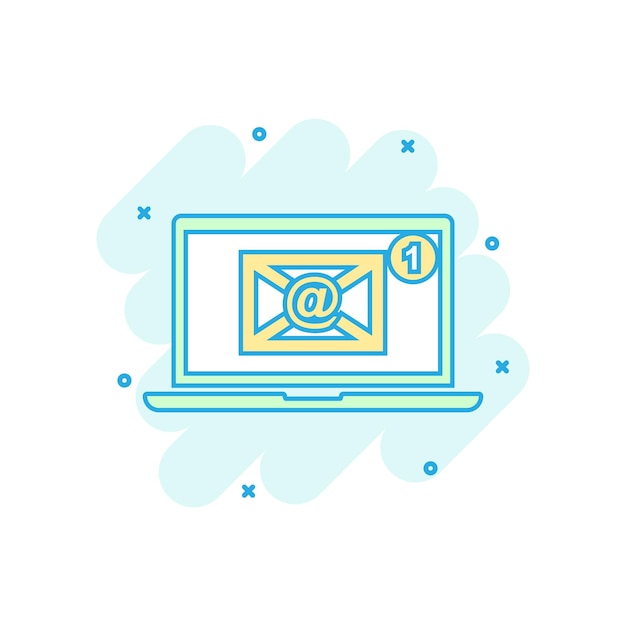 Mensaje de sobre de correo electrónico de colores de dibujos animados en el icono de la computadora portátil en estilo cómico Pictograma de ilustración de correo Sello de sobre concepto de negocio de salpicaduras