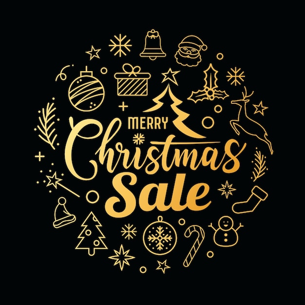 Mensaje de venta de feliz Navidad con iconos en forma de círculo dorado sobre fondo negro ilustración vectorial