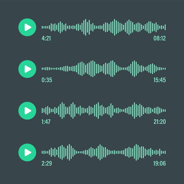 Mensaje de voz conversación de chat en redes sociales aplicación de mensajería reproductor de música elemento de interfaz de editor de audio o video asistente de grabación de voz patrón de onda de sonido modo oscuro ilustración vectorial