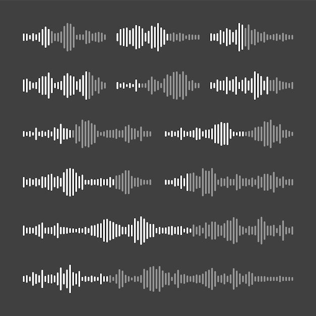 Mensaje de voz correo redes sociales conversación de chat Aplicación de mensajería reproductor de música editor de audio o video elemento de interfaz Asistente de voz grabadora Patrón de onda de sonido Modo oscuro Ilustración vectorial