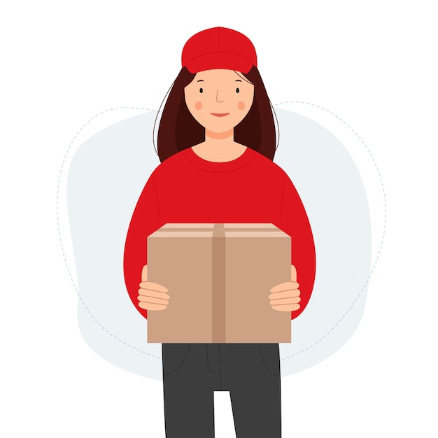 Vector una mensajera con uniforme rojo lleva una caja de cartón. la mujer entrega un paquete.