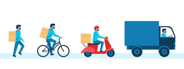 Mensajero con caja de mercancías, repartidor en máscara respiratoria. Mensajería para peatones, bicicletas, scooters, automóviles. Servicio de entrega online, entrega a domicilio. ilustración
