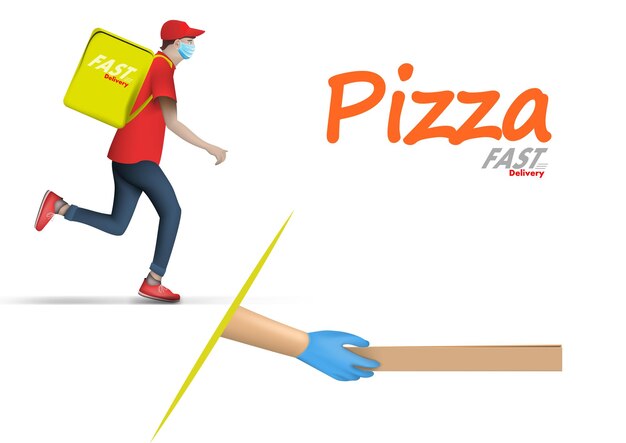 Mensajero en caja de pizza de entrega de máscara protectora