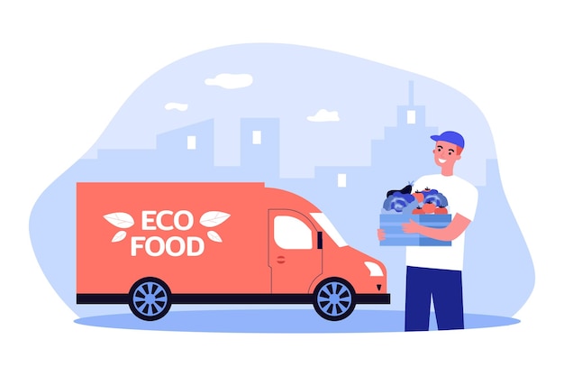Mensajero con caja de verduras cerca de camión de abarrotes. Hombre que entrega productos orgánicos a los clientes en casa ilustración vectorial plana. Concepto de entrega de alimentos ecológicos para banner, diseño de sitios web o página web de destino
