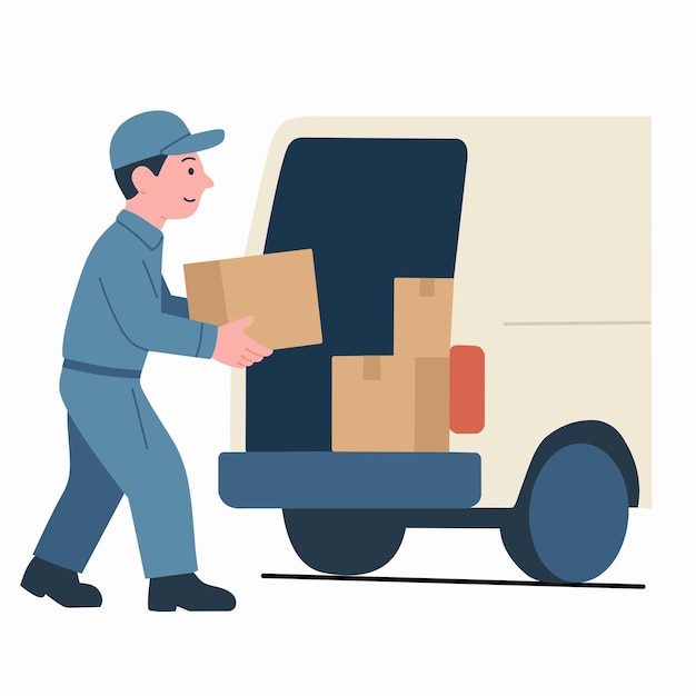 El mensajero cargando paquetes en la furgoneta de entrega