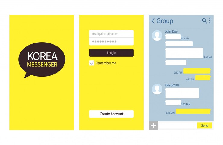 Vector mensajero coreano. interfaz de conversación de kakao con cuadros de chat, lista de contactos y plantilla de mensaje de vector de iconos