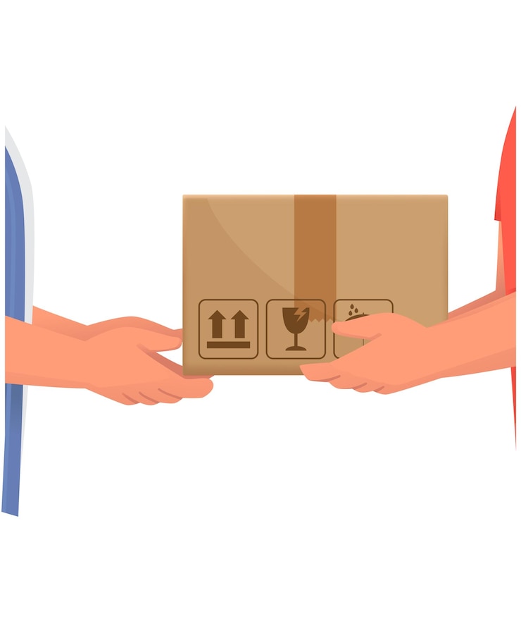Vector el mensajero entrega la caja de paquetes al comprador ilustración de las existencias