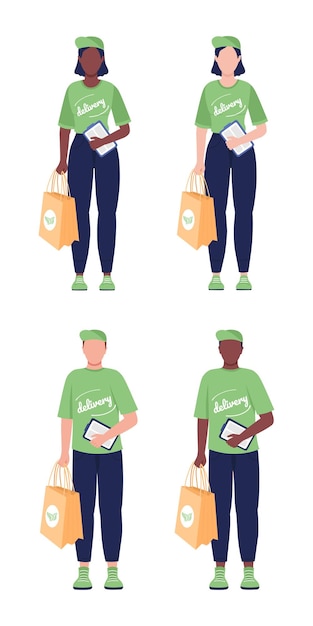 Mensajero de entrega ecológica conjunto de caracteres de vector de color semiplano