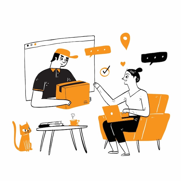 Mensajero de entrega que sostiene Parcel Box con navegadores web Servicio de entrega en línea rápido Pedido en línea Concepto de comercio electrónico en Internet para sitio web o banner Ilustración vectorial dibujada a mano