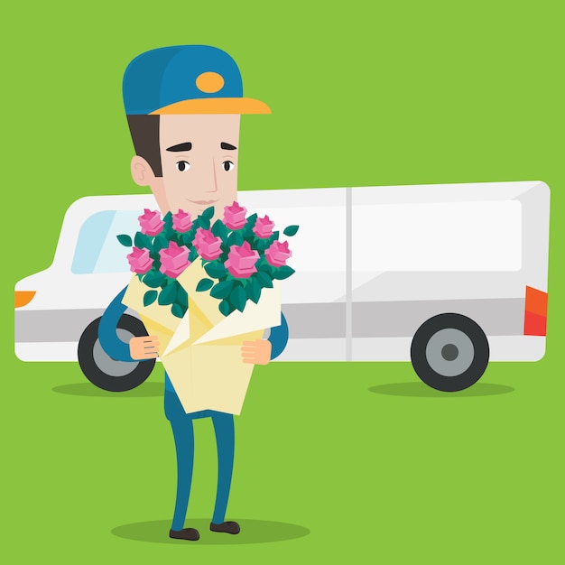 Mensajero de entrega con ramo de flores.