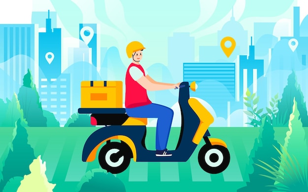 Mensajero entregando en una motocicleta con varias plantas y edificios en el vector de fondo