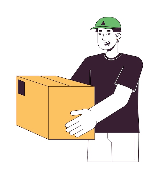 Mensajero feliz sosteniendo paquete línea plana color vector carácter Entrega urgente Esquema editable persona de medio cuerpo en blanco Repartidor simple ilustración de punto de dibujos animados para diseño gráfico web