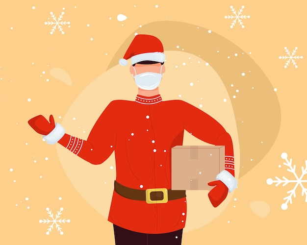 Mensajero con máscara, guantes con gorro de navidad y caja de regalo. Suéter escandinavo repartidor