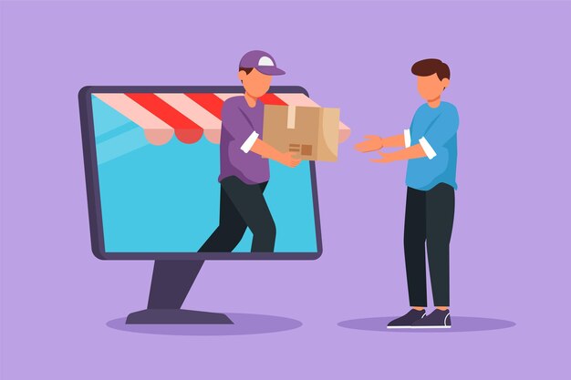 El mensajero masculino joven del dibujo plano del carácter sale de la pantalla de la computadora del monitor del dosel y le da la caja del paquete al cliente masculino Respuesta rápida en el concepto de entrega en línea Ilustración de vector de diseño de dibujos animados