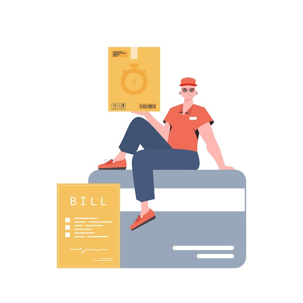 Vector un mensajero masculino se sienta en una tarjeta bancaria y sostiene una caja concepto de entrega a domicilio vector de estilo de dibujos animados aislado