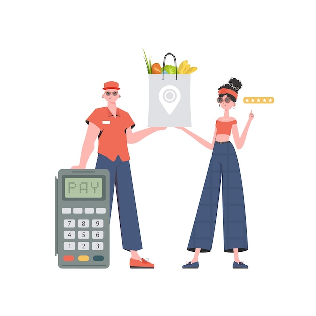 Un mensajero masculino sostiene un paquete con comestibles Productos para el hogar Entrega de alimentos Estilo moderno aislado Vector