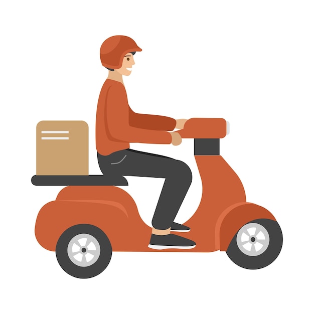 Un mensajero montando un scooter con un paquete de caja