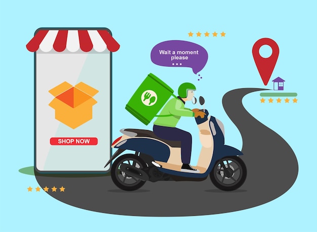 Vector mensajero en moto para tienda online