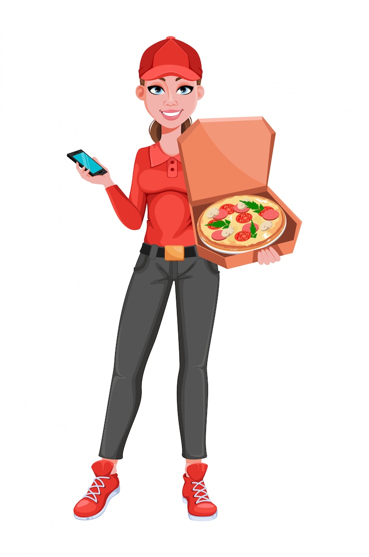 Vector mensajero mujer con sabrosa pizza