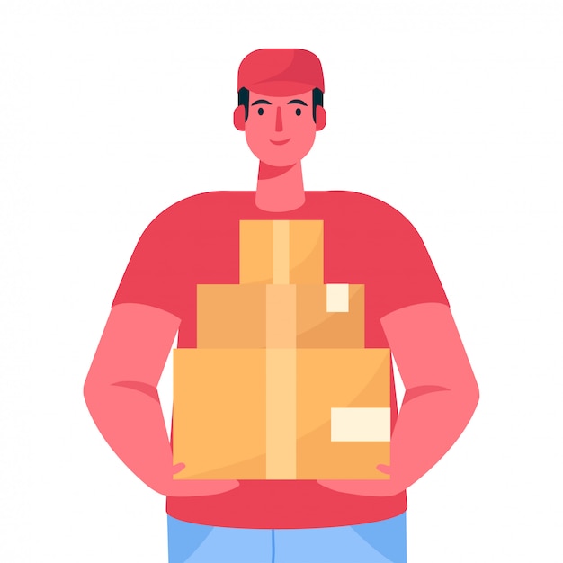Vector mensajero con el paquete. un repartidor en uniforme rojo sostiene una caja de cartón en sus manos. mensajería rápida servicio de comida en restaurante, servicio de entrega por correo. ilustración en estilo plano de dibujos animados