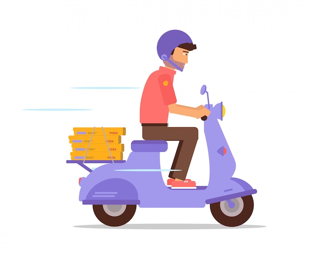 Mensajero de pizza montando personaje de moto, repartidor montando scooter con casco protector