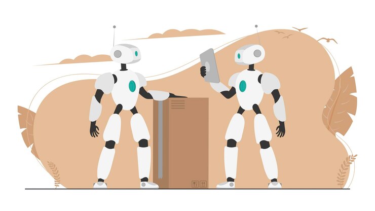Vector mensajero robótico que lleva el paquete y la caja de carga en la máquina de elevación y transporte. sistema aislado de servicio logístico. envío y entrega de carga para clientes. vector de proceso automatizado