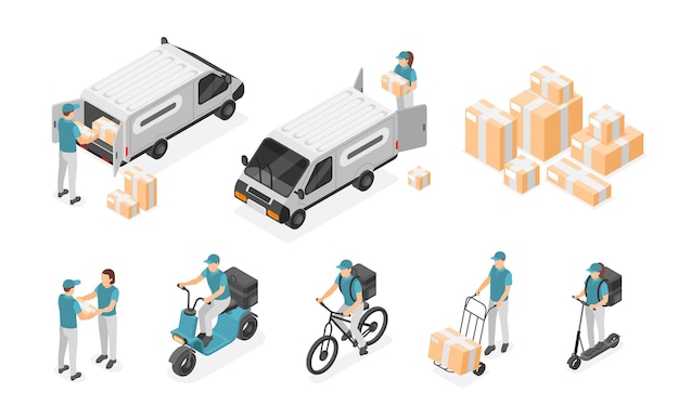 mensajeros isométricos personajes de servicio de entrega y transporte mensajero con paquetes y cajas de cartón camión de carga trabajadores logísticos conjunto de vectores impecable