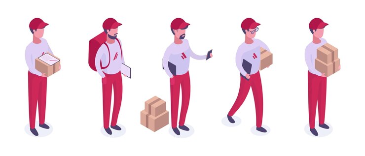 Vector mensajeros isométricos trabajadores del servicio de entrega chicos que llevan paquetes trabajadores de envío de carga conjunto de ilustraciones vectoriales 3d
