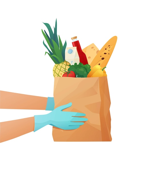 Mensajeros mano enguantada sosteniendo una bolsa ecológica de papel con comestibles. Concepto de entrega de alimentos.