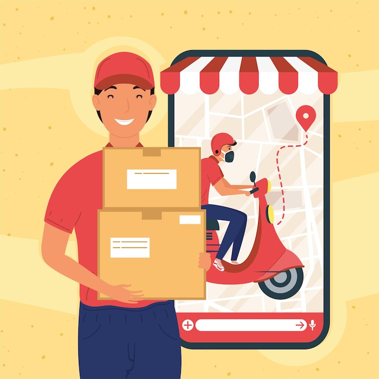 Vector mensajeros con motocicleta en dispositivo de teléfono inteligente