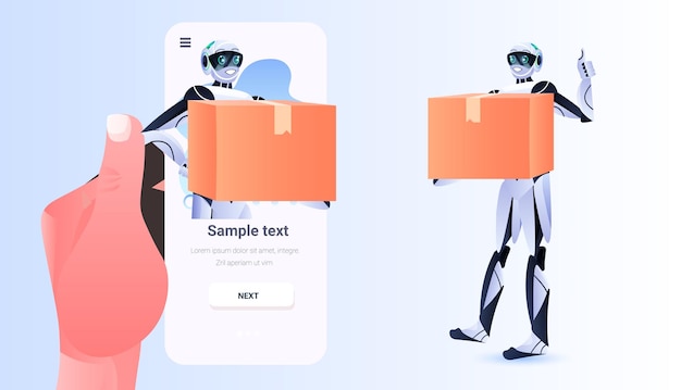 Mensajeros robóticos modernos con concepto de inteligencia artificial de servicio de entrega de cajas de cartón