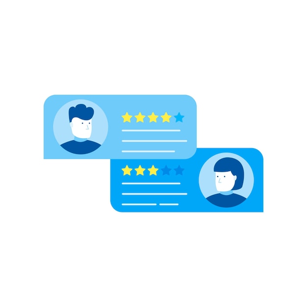 Mensajes de calificación de reseñas de clientes, reseñas en línea o testimonios de clientes, concepto de experiencia o comentarios, estrellas de calificación. Ilustración de vector de estilo plano moderno.