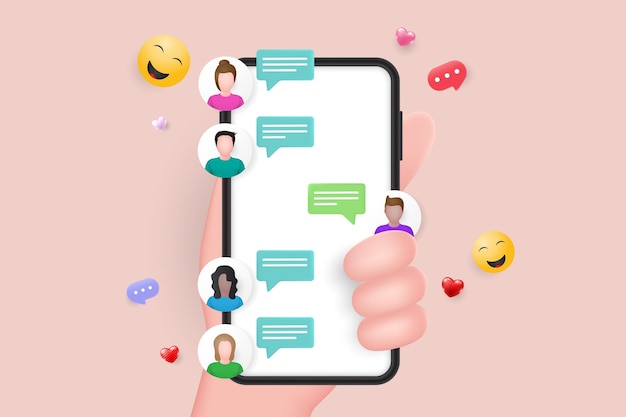 Vector mensajes de chat en línea en el teléfono móvil 3d vector mano sosteniendo el teléfono inteligente con burbujas de voz sms alertas de inserción en la pantalla 3d vector illustrator