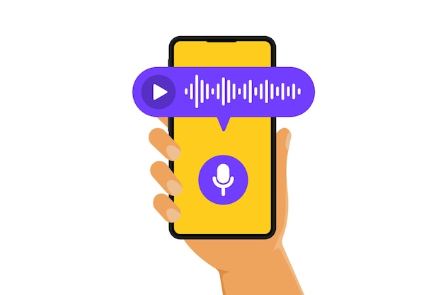 Mensajes de voz y audio Smartphone con mensajes de voz en pantalla Mano humana sostiene smartphone con botón de micrófono en pantalla y burbujas de mensajes de voz Chat en línea Ilustración vectorial