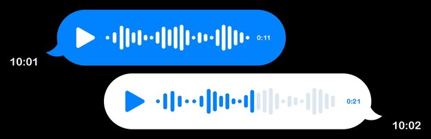 Mensajes de voz en el mensajero Burbujas de voz de fondo negro mensajes de texto Hola coloque su contenido sonido botón de reproducción reproducción correo rápido enviar entregado leer comunicación en línea tiempo de envío