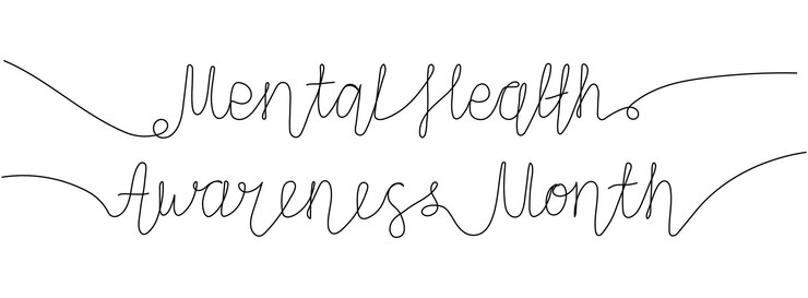 Mental Health Awareness Month letras en un estilo de línea con trazo editable Cuide de su cuerpo cuide de su salud Aumentar la conciencia de la salud mental Control y protección