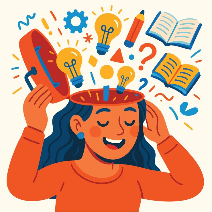 Vector una mente abierta generando ideas con libros y bombillas