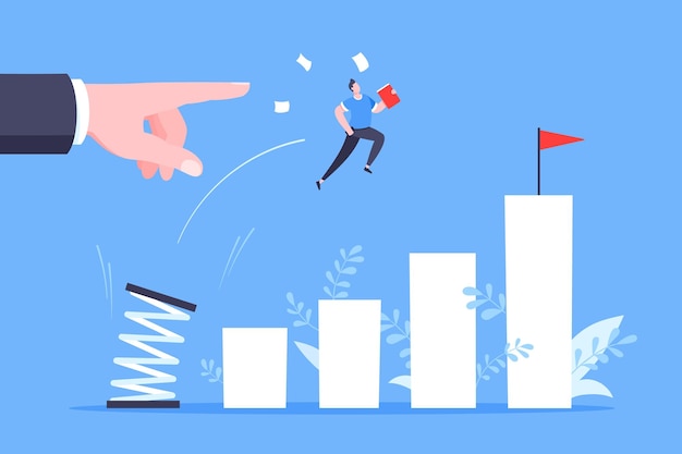 El mentor empresarial ayuda a mejorar la carrera con la ilustración del vector trampolín