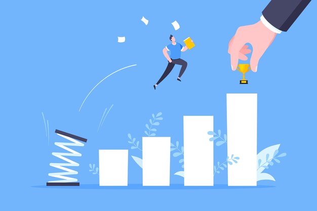 El mentor empresarial ayuda a mejorar la carrera con la ilustración del vector trampolín