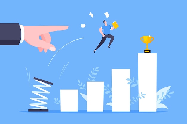 El mentor empresarial ayuda a mejorar la carrera con la ilustración del vector trampolín